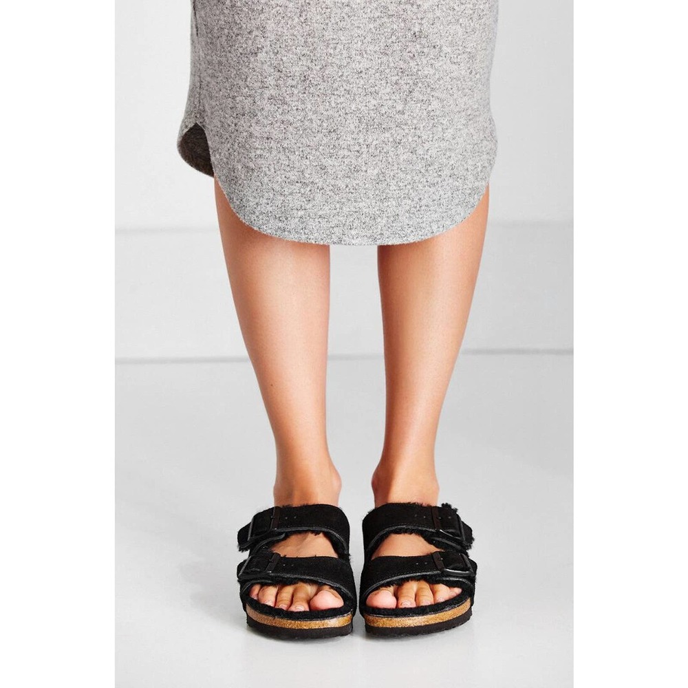 Birkenstock Arizona Shearling Fur Sandals Black Suede